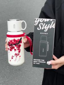 VRIUKNT | 1pc Chinese-style red plum blossom powder peach blossom 600ml/800ml stainless steel water bottle - High appearance quality cup