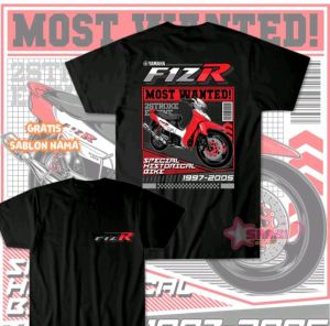 KAOS GAMBAR YAMAHA FIZR MOST WANTED SPESIAL HISTORICAL BIKE1997-2005-DTF MERAH Kaos Tshirt Hitam Pria wanita