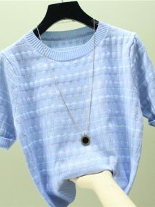 Nhiều Màu Sắc Sọc Ice Lụa Áo Thun Dệt Kim Tay Ngắn Nữ Thương Hiệu Áo Thun Giảm Giá Bán Giải Phóng Mặt Bằng Kiểu Dáng Cắt Thẳng