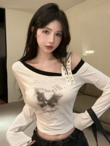 GUZILIAN | เสื้อเชิ้ตคอเฉียงแขนยาวทรงเข้ารูปพิมพ์ลายหวานและเผ็ดสำหรับผู้หญิงในฤดูใบไม้ผลิและฤดูใบไม้ร่วง เสื้อชั้นในทรงเอวสูงแบบปลอมสองชิ้น