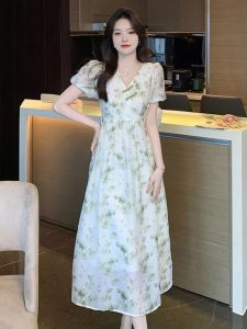 New Chinese Style Buckle V-neck Dress Puff Sleeves Tight Waist A- line Skirt Female Summer Little Fresh Print Chiffon Long Dress