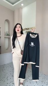 Set Bộ Nữ Thun Tăm Quần Ống Đứng Áo Tay Dài Thêu Thỏ Bo Viền