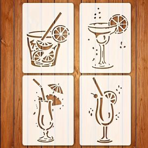4PCS Cocktail Glass Stencils Set Summer Drink Painting Templates for Wall Canvas Journal Party DIY Decor