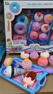 Đồ Chơi Xe Làm Kem Kết Hợp Máy Tính Tiền Siêu Thị Có Đèn Có Nhạc Hộp Kem Bánh Donut Pizza Cho Bé