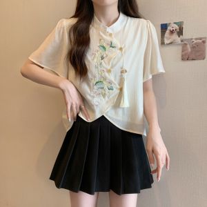 Nặng Thêu Áo Sơ Mi Phong Cách Trung Quốc Mới Dành Cho Nữ Thời Trang Mùa Hè Tua Rua Cổ Điển Tay Ngắn Vải Voan Áo Ngoại Hình Trẻ Trung