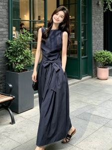 SUSIEYUAN | Đầm Dài Cinching eo Slimming Tay Ngắn Màu Xanh Pháp