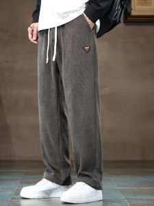 ROMON | Romon Mens Corduroy Pants Autumn Winter Loose Straight Leg Sporty Casual Long Trousers Wide Leg Sweatpants Drapey Comfortable