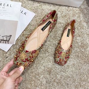 Belle Meiyuan Chinese Style Flat Heel Wedding Shoes Red Maternity Gown Two-Way Large Size Rhinestone Bridal Shoes for Women