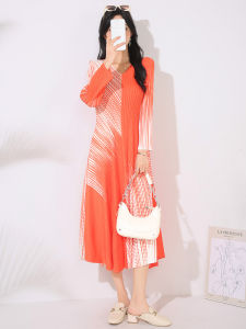 Miyake Pleated Ink Print Dress - V-Neck Flowy Midi Dress with Long Sleeves Elegant Swing Hem for Women Wrinkle Free & Lightweight (Free Shipping)[]