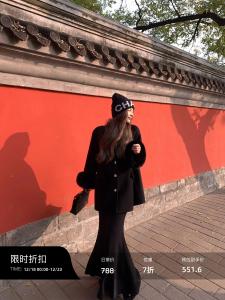 เฉินหมี่ฟาน 100 ขนสัตว์สองด้านทวีด เสื้อโค้ท ผู้หญิงฤดูใบไม้ร่วง ฤดูหนาว ออกแบบปลอกแขนขนสุนัขจิ้งจอกขนาดเล็กขนาดใหญ่ เสื้อโค้ท แขนยาวปุ่มปิด