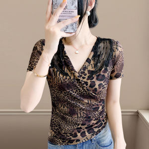 REHIN European Style Leopard Print Mesh Beaded V-Neck Cross Short Sleeve Slim Fit Summer T-Shirt Top(S-3XL)