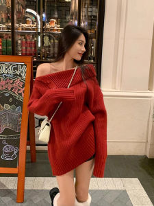 Red Off-Shoulder Knitwear Womens Lazy Style High-End Feeling Christmas New Year Atmosphere Clothes Autumn Winter Thickened Long Sleeve