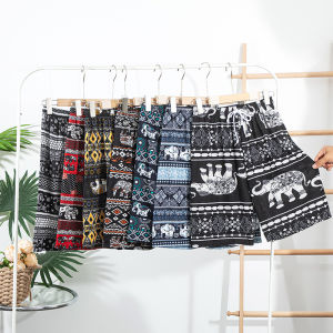 กางเกงขาสั้นผ้าไหมฝ้ายลายพิมพ์ผีเสื้อสไตล์ชาติพันธุ์สำหรับผู้หญิง กางเกงขายาวห้าแฉกบาง ใส่อยู่บ้าน กางเกงขายาวฤดูร้อน