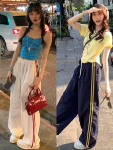 American Silk Quick Dry Work Clothes for Women Summer Thin Loose Straight Wide Leg Pants Striped Tie-Up Sports Casual Pants