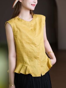 XIAOER | Vibrant Breathable Pure Linen Lace Hem Vest Shirt