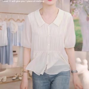 WANGGONGZHU | Fashionable Pleated Short Sleeve Shirt Womens Summer New Design Large Size Casual Elegant Slimming Top Princess Style French Style Loose Fit Lace Material