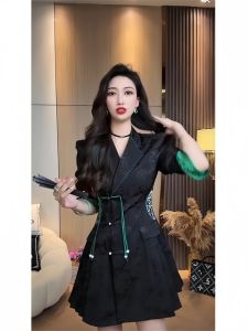 Retro Embroidered Button Dress Womens Fashion Waist Cinched New Chinese Style Suit Skirt Long Sleeve Short Length A-Line Dress