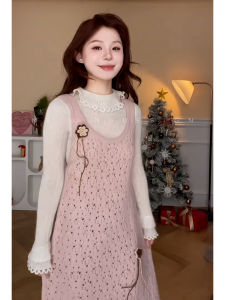 Pink Woolen Knitted Halter Vest Dress Womens Sweet Hollow out Strap High Waist Asymmetrical Autumn Winter Fashion Dress