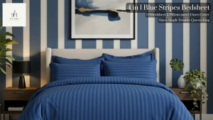SevHome 4 in 1 Plain Blue Stripes Bedsheet Sets | Cotton 400TC Hotel Quality Stripe Bedsheets | Beddings Bed sheet set with 1 Fitted Sheet with Garter 1 Duvet Comforter Quilt Cover 2 Pillow case | Size Single Double Queen King