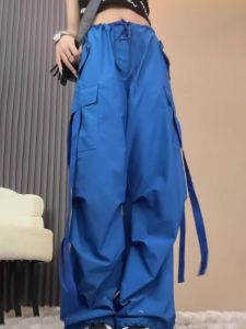 Blue High Waist Wide Leg Work Pants Womens Summer Simple Commute Design Pocket Loose Straight Casual Trousers