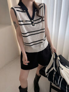 ZHILU | Áo Thun Knit Cao Cấp Không Tay Sọc Ngang Mùa Hè Cổ V Đẹp Như Lụa