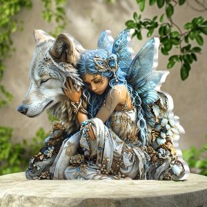 10inch 2D Fairy Spirit & Guardian Wolf Acrylic FigurineColor Printed Desktop Decor Rococo Style Attractive Home Exquisite Gifts