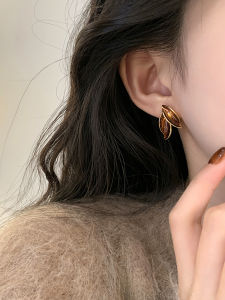 Fall Leaf Design S925 Silver Needle Earrings Womens Fashion Jewelry Brown Leaf Studs Elegant Minimalist Korean Style