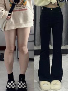 กางเกงยีนส์ทรงขาบานเอวสูงสีดำ ทรงเข้ารูป ทรงกระต่าย สำหรับผู้หญิงไซส์ใหญ่ ฤดูใบไม้ผลิ 2024 กางเกงยีนส์ทรงลำลอง