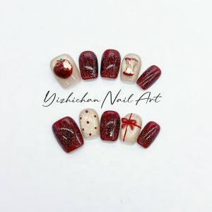 New Years Short White Enhancing Handmade Wearable Nail Art Apple Peace Red Wine Cat Eye Pure Color Cute Chinese New Years Nails