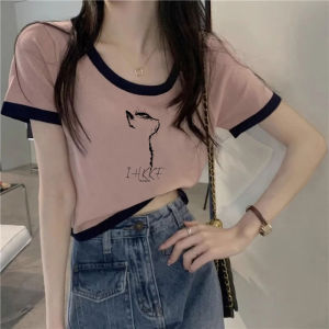 Áo Thun Cotton Pha Trộn Màu Cổ Tròn Tay Ngắn Mùa Hè Cho Nữ Phong Cách Mỹ Cổ Điển in Họa Tiết Đa Năng Ôm Vừa Vặn