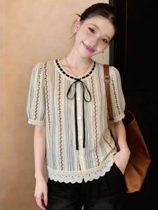Slimming Lace Patchwork Striped Embroidery Summer Shirt