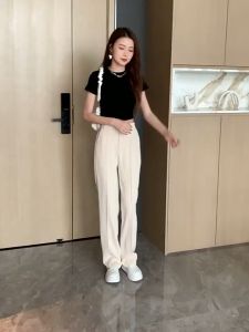 HUILISHI New Plain High Waist Ladies Straight Wide Leg Full Length Suit Pants - Lazada