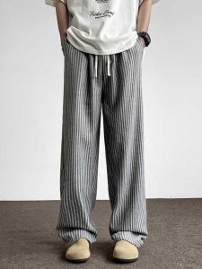 กางเกงขายาวทรงตรงสำหรับผู้ชาย ทรงหลวม กางเกงขายาวทรงยาว ทรงลำลอง สไตล์อเมริกัน กางเกงขายาวลายทาง เทรนด์ฤดูใบไม้ร่วง