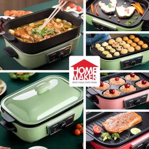 1400W Multi-Function Cooker Non-Stick Barbecue Grill Griddle Takoyaki Pan Tray 2.5L Hot Pot Electric Skillet PINK COLOR