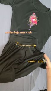 Baju Crop Anak Perempuan - Remaja Usia 11-16 Tahun Ukuran Big Size Plus Celana Rok List Motif Flamingo Gambar 3D