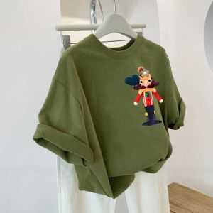 Green Heavy Work Cotton Short Sleeve T-Shirt Womens Summer Casual Loose Top Creative Cartoon Korean Style round Neck Tee