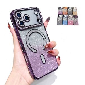 Glitter Gradient Magnetic Phone Case For iPhone 18 Pro Max 17 air 16 plus 15 14 Bling Rhinestone Camera Frame Shockproof Protective Cover Electroplated Edge Slim Casing For Women Girls