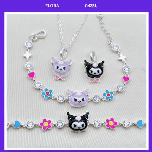 FLORA 0435L - Set bạc ta dây chuyền lắc tay hình Kuromi (móc ở mặt hoa có thể khác) màu tím đen dành cho bé gái