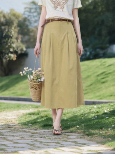 XIANGYING | Khaki Color Cotton Retro High Waist Slimming Skirt