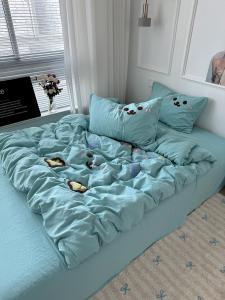 Water Washed Cotton Cartoon Towel Embroidery Bedding Set Quartet Large Version Light Blue Bed Cover Sheet Dormitory Three Piece Set