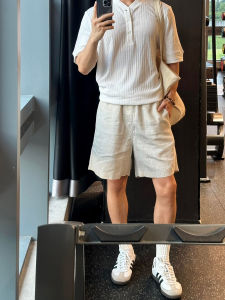 Lightweight Breathable Linen Cotton Shorts Mens Summer Casual Five-Quarter Pants Loose Fit Straight Leg Elastic Waistband