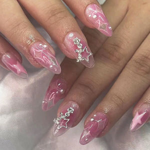 24Pcs Wearable Nails Set Press on Short Almond Shape False Nails with Pentagram Rhinestone Pink Nail Tips Detachable Fake Nail