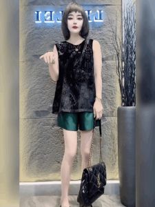 เสื้อยืดแขนกุดคอตั้งสีดำสไตล์วินเทจฝรั่งเศส ทรงหลวม ปกโปโล ผ้าฟองน้ำ ลูกไม้ ทรงหลวม แขนกุด คอตั้ง ทรงหลวม