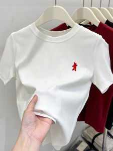 Elegant Embroidered Pure Cotton Short Sleeve T-Shirt Womens Slim Fit Summer Fashion Top Korean Style round Neck Tee