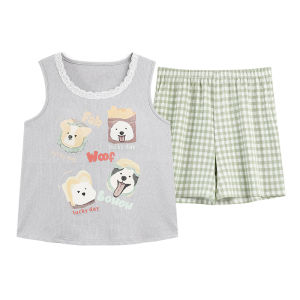 MiiOW | ชุดนอนผ้าไหมน้ำแข็งบางฤดูร้อนสำหรับผู้หญิง ชุดนอนผ้าไหมน้ำแข็งฤดูร้อนใหม่หลวมๆ ลายการ์ตูนพร้อมแผ่นเสริมหน้าอก ชุดนอนในบ้าน