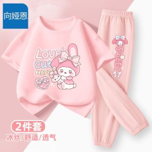 เด็กผู้หญิง ฤดูร้อน ผ้าฝ้าย เสื้อยืดและ กางเกง ชุดชุดสองชิ้นแขนสั้นกันยุงสําหรับเด็กกลางและใหญ่