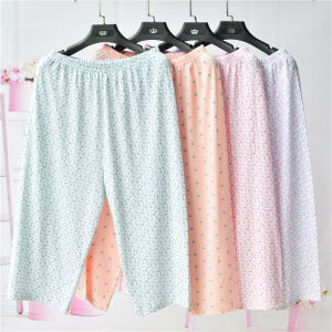 Elderly Womens Cotton Knitted Sleepwear High Waist Seven-Quarter Length Loose Wide-Leg Home Comfortable Breathable Pants