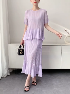 KESHANGYI Miyake Pleated Summer New Set Sweet Beaded Anti-aging Top High-waisted Fishtail Skirt Two-piece Set