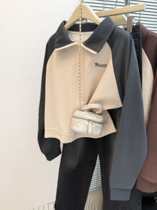 Color Block Shoulder Insert Long Sleeve Polo Neck Sweatshirt Womens Spring Autumn Thin Loose Short Half Zipper Top