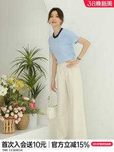 Naegvrre High Waist Wide Leg Pants Womens Summer Casual Thin Lyocell Trousers Short Size Straight Cut Polyester Blend